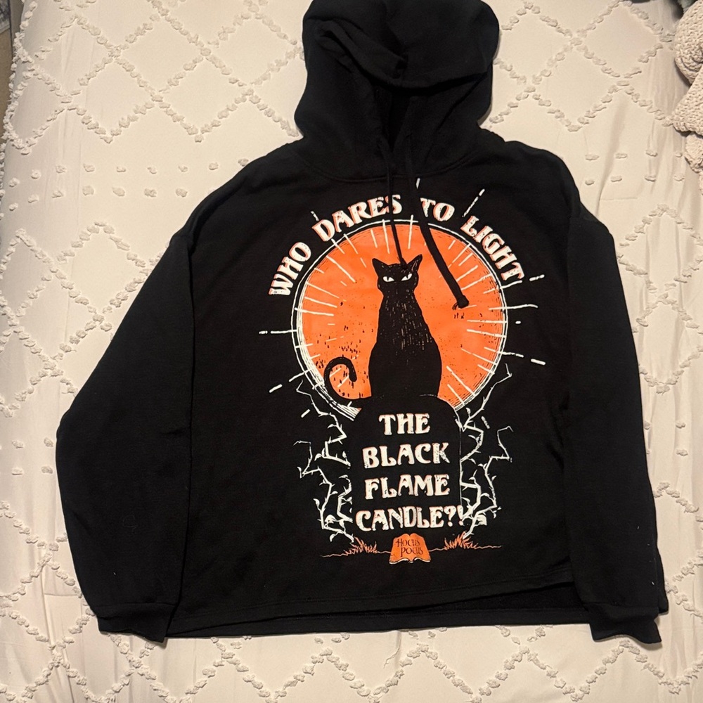 Disney Hocus Pocus Black Hoodie with Orange Cat and Text Design